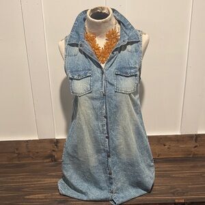 Sleeveless Denim Button-Up Shirt Dress With Pockets- Size S